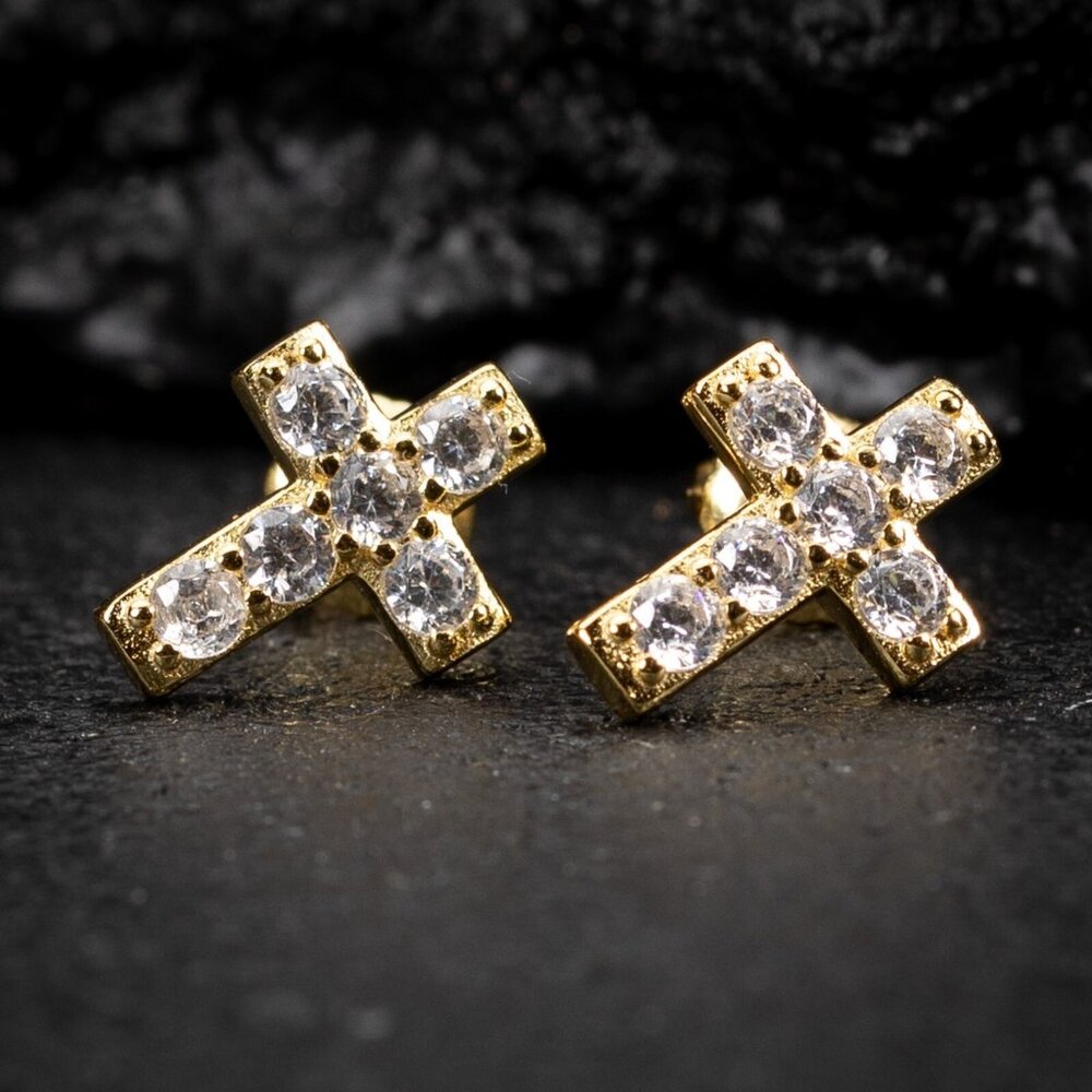 Yellow Gold Plated Sterling Silver Small Iced Cz Cross Stud Screw Back Earrings